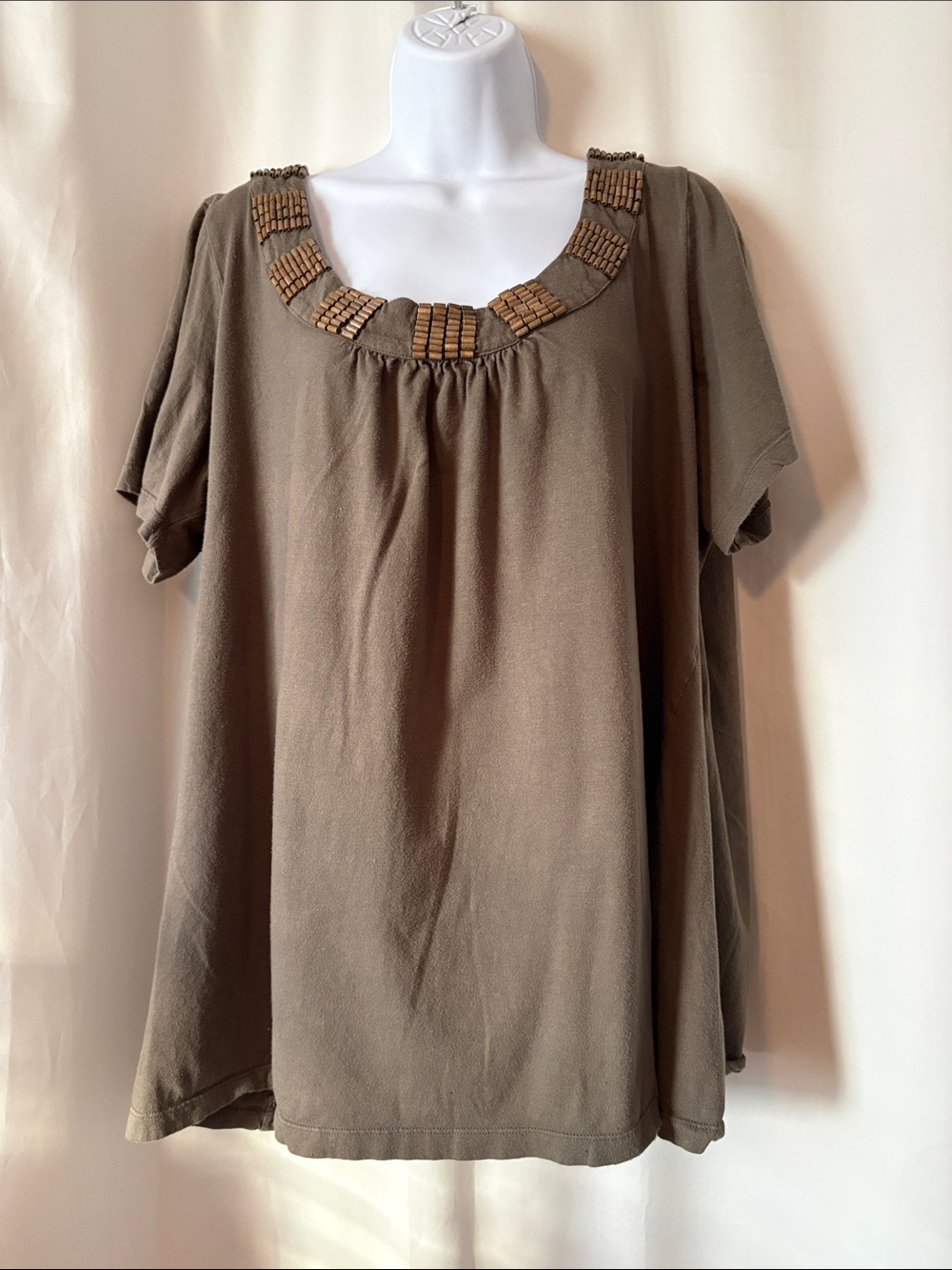 Penningtons Olive Scoop Neck Top with Wooden Bead Trim